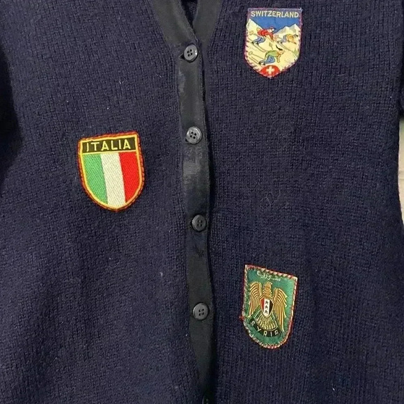 Rare VTG Shetland Wool Cardigan World Patches Navy Size Small Tweed & Tartan - Picture 2 of 9